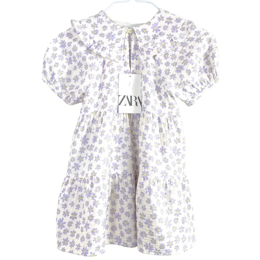 ZARA Floral Daisy Print Dress in White with Purple 2-3 Years New with Tags